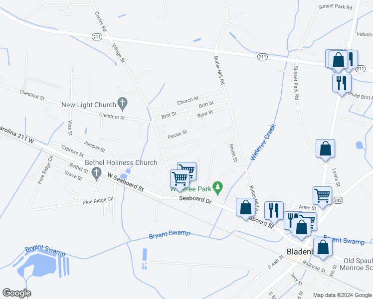 map of restaurants, bars, coffee shops, grocery stores, and more near 118 Hickory in Bladenboro