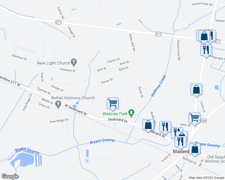 map of restaurants, bars, coffee shops, grocery stores, and more near 118 Hickory in Bladenboro