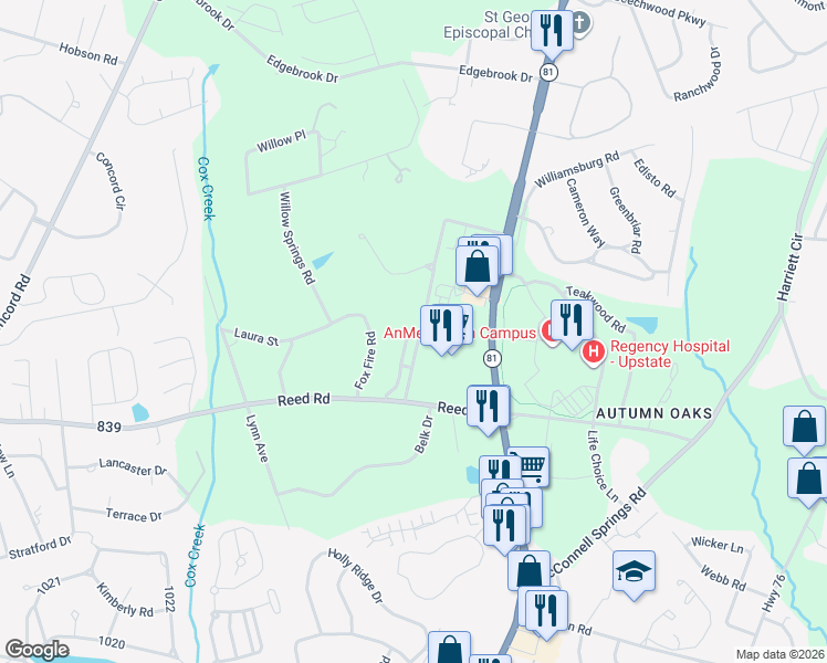 map of restaurants, bars, coffee shops, grocery stores, and more near 2015 Cardinal Circle in Anderson