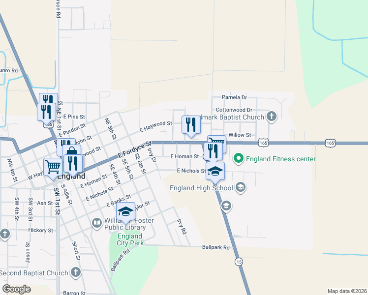 map of restaurants, bars, coffee shops, grocery stores, and more near 1001 East Fordyce Street in England