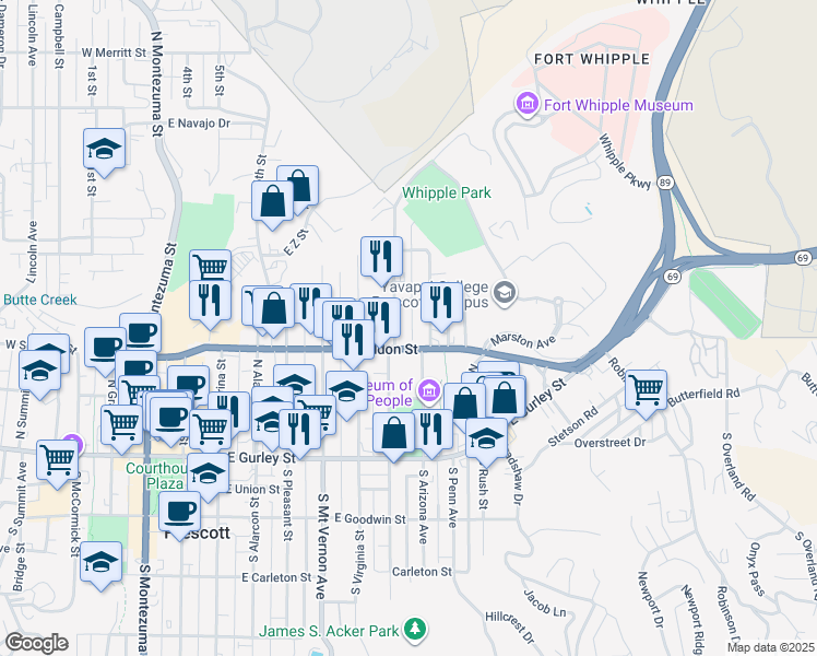 map of restaurants, bars, coffee shops, grocery stores, and more near 320 North Arizona Avenue in Prescott