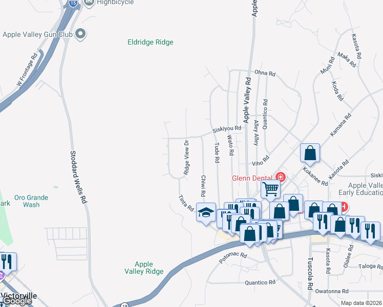 map of restaurants, bars, coffee shops, grocery stores, and more near 16280 Ridge View Drive in Apple Valley