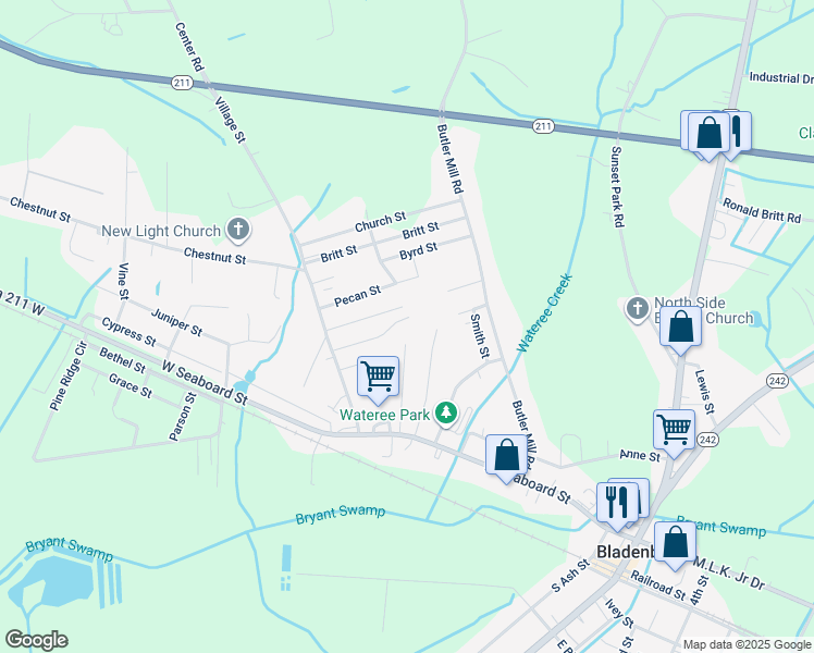 map of restaurants, bars, coffee shops, grocery stores, and more near 127 Hickory in Bladenboro