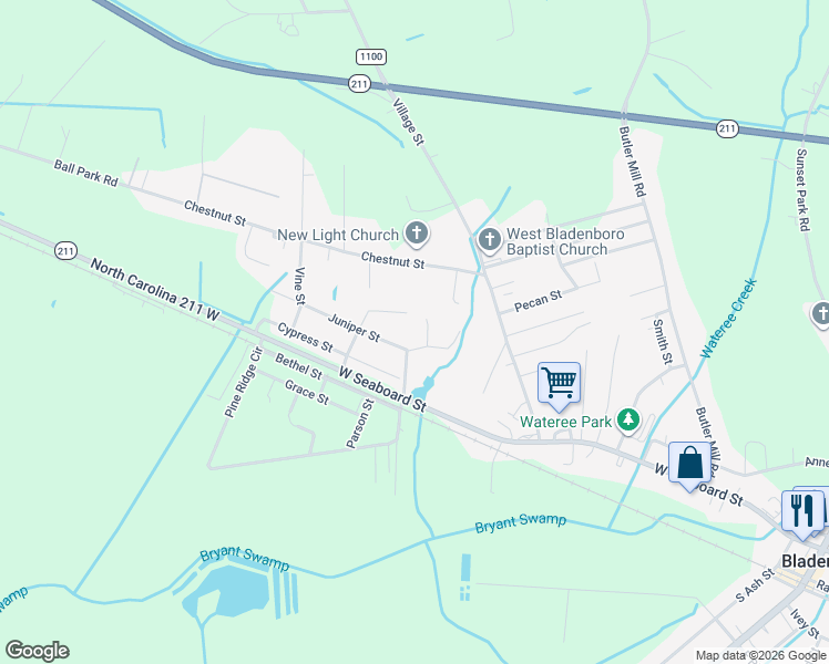 map of restaurants, bars, coffee shops, grocery stores, and more near 120 Juniper Street in Bladenboro