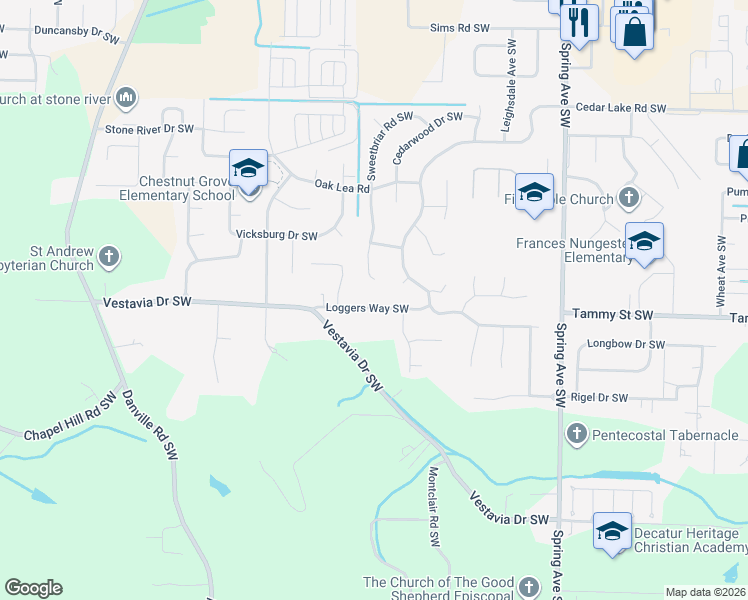 map of restaurants, bars, coffee shops, grocery stores, and more near 3227 Sweetbriar Road Southwest in Decatur