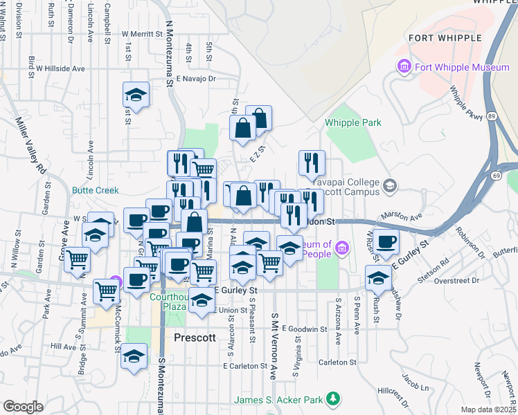 map of restaurants, bars, coffee shops, grocery stores, and more near 325 North Pleasant Street in Prescott