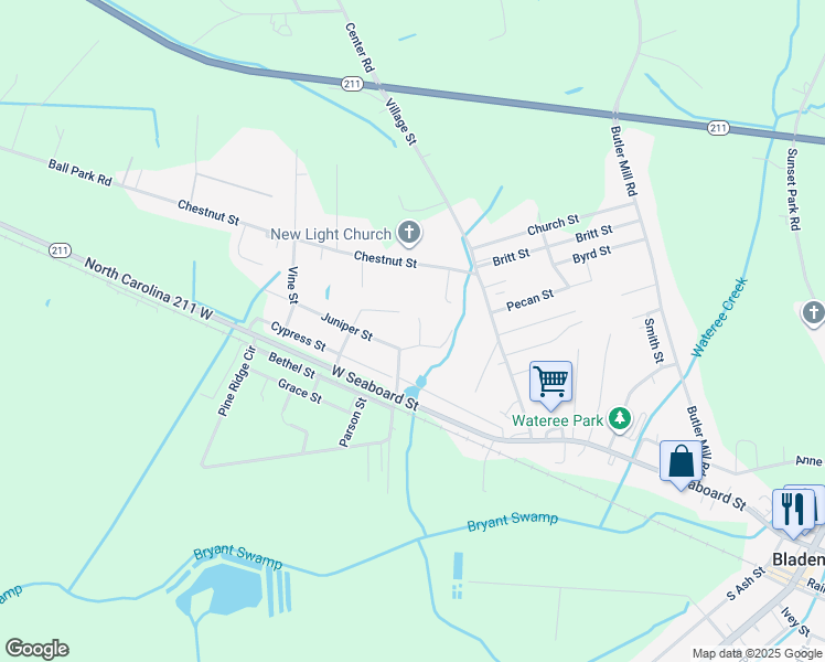 map of restaurants, bars, coffee shops, grocery stores, and more near 130 Juniper Street in Bladenboro