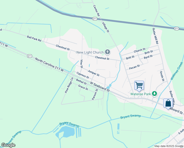 map of restaurants, bars, coffee shops, grocery stores, and more near 102 Juniper Street in Bladenboro