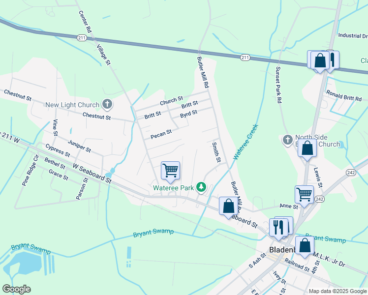 map of restaurants, bars, coffee shops, grocery stores, and more near 127 Hickory in Bladenboro