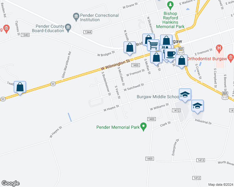 map of restaurants, bars, coffee shops, grocery stores, and more near 701 West Satchwell Street in Burgaw