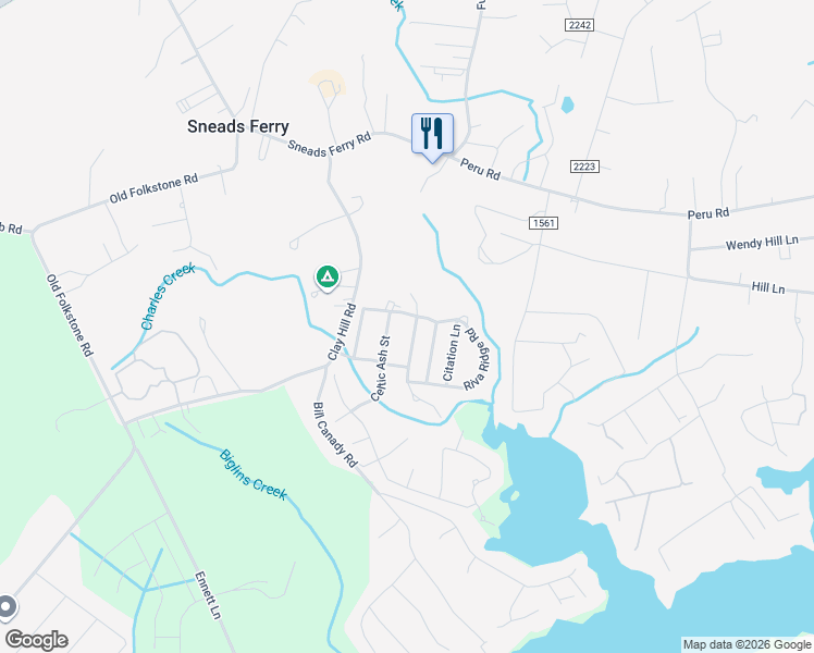 map of restaurants, bars, coffee shops, grocery stores, and more near 302 Whirlaway Boulevard in Sneads Ferry
