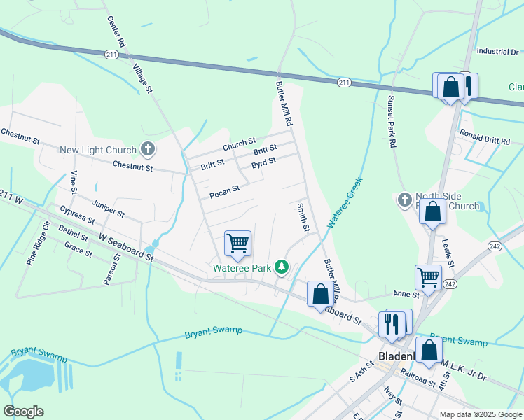 map of restaurants, bars, coffee shops, grocery stores, and more near 129 Hickory in Bladenboro