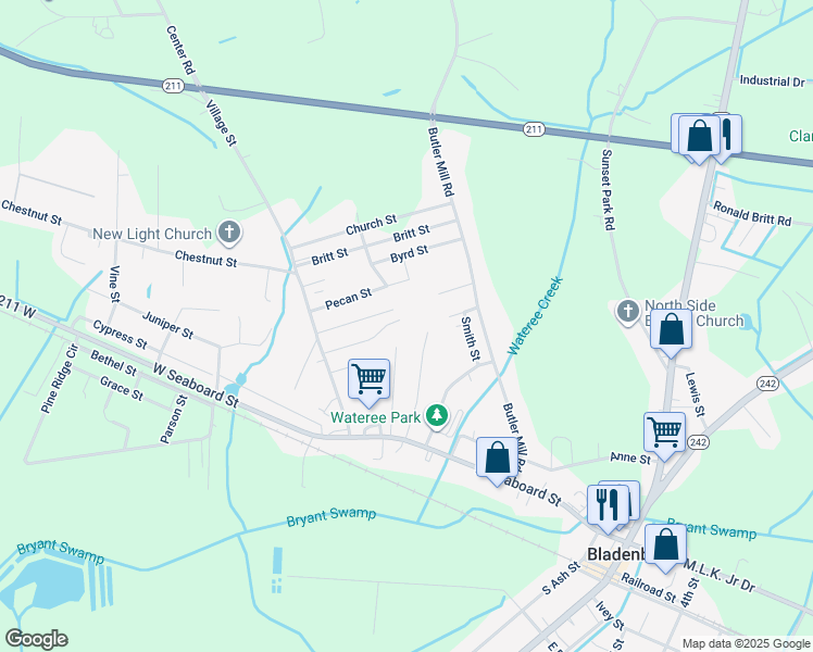 map of restaurants, bars, coffee shops, grocery stores, and more near 129 Hickory in Bladenboro