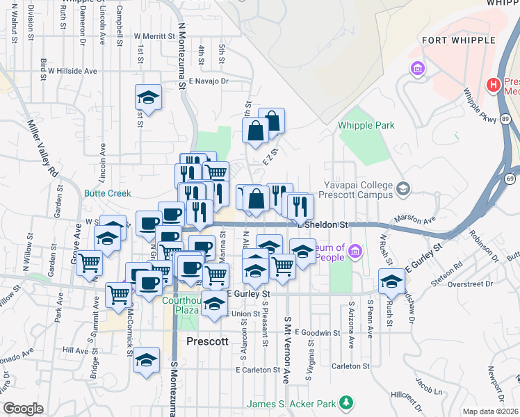 map of restaurants, bars, coffee shops, grocery stores, and more near 322 North Pleasant Street in Prescott