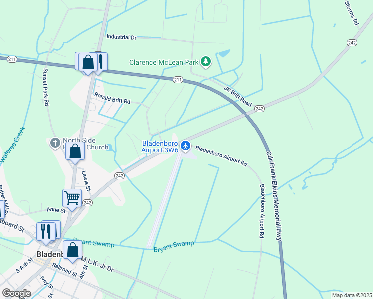 map of restaurants, bars, coffee shops, grocery stores, and more near 1137 Bladenboro Airport Road in Bladenboro