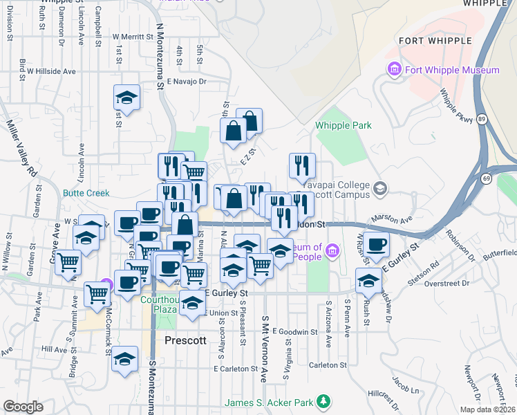 map of restaurants, bars, coffee shops, grocery stores, and more near 325 North Pleasant Street in Prescott