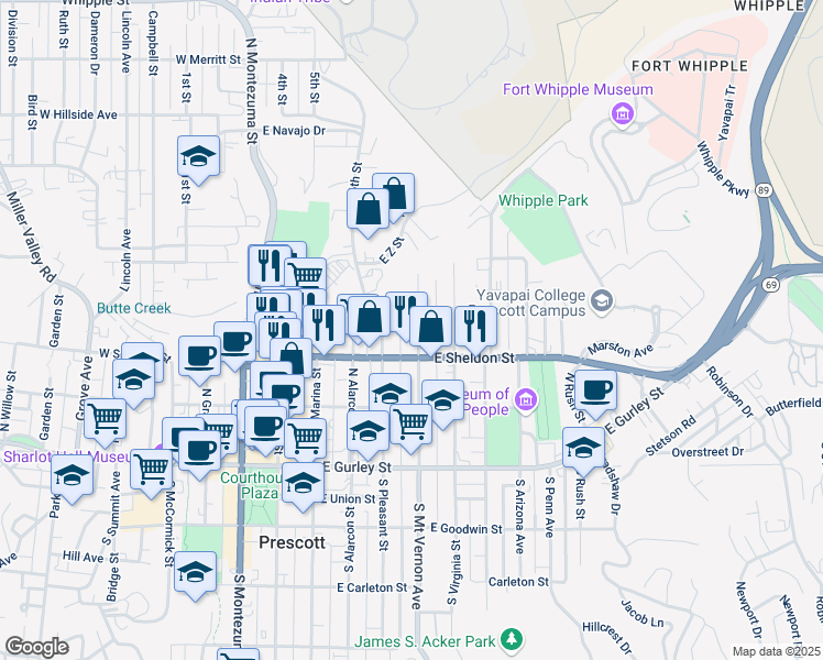 map of restaurants, bars, coffee shops, grocery stores, and more near 324 North Mount Vernon Avenue in Prescott