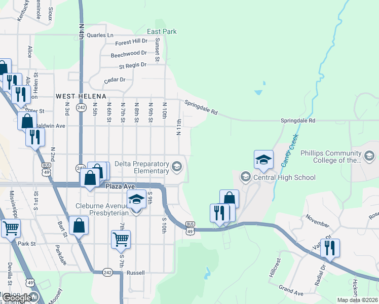 map of restaurants, bars, coffee shops, grocery stores, and more near 1126 East Garland Avenue in Helena-West Helena
