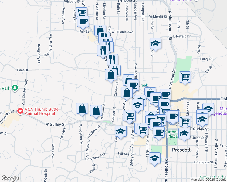map of restaurants, bars, coffee shops, grocery stores, and more near 310 Garden Street in Prescott