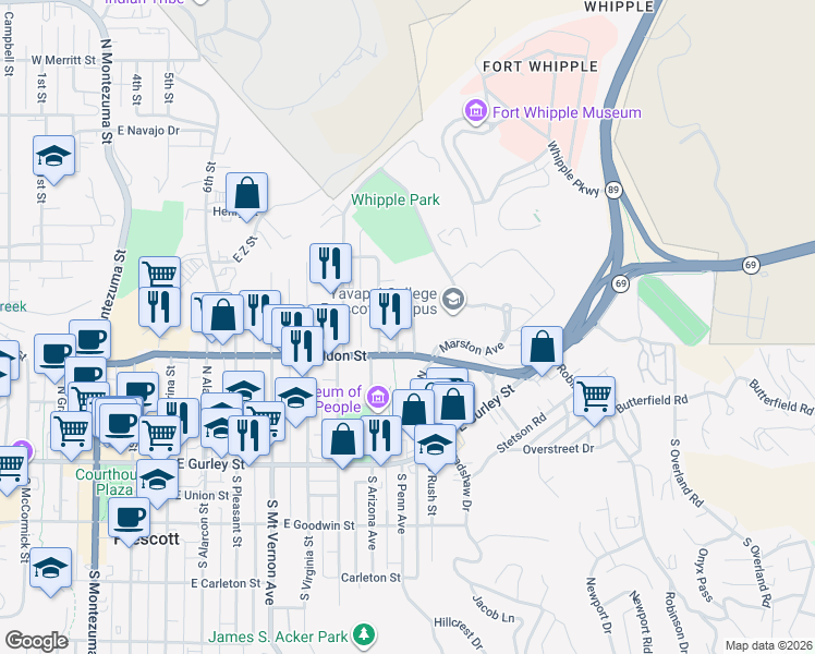 map of restaurants, bars, coffee shops, grocery stores, and more near 322 North Rush Street in Prescott
