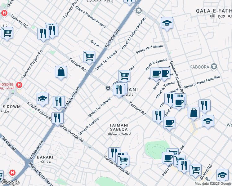 map of restaurants, bars, coffee shops, grocery stores, and more near Taimani Rd in Kabul