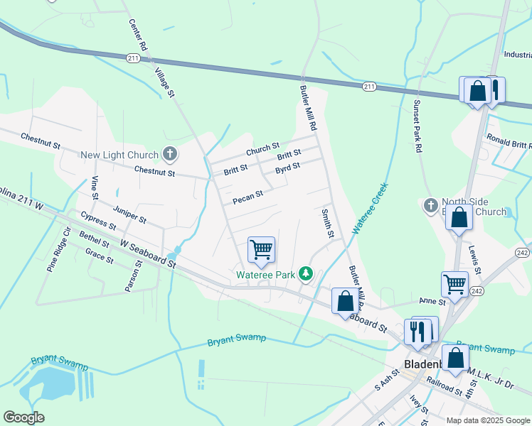 map of restaurants, bars, coffee shops, grocery stores, and more near 122 Hickory in Bladenboro