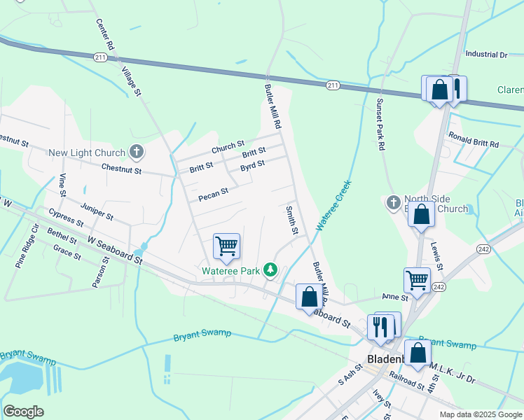 map of restaurants, bars, coffee shops, grocery stores, and more near 133 Hickory in Bladenboro