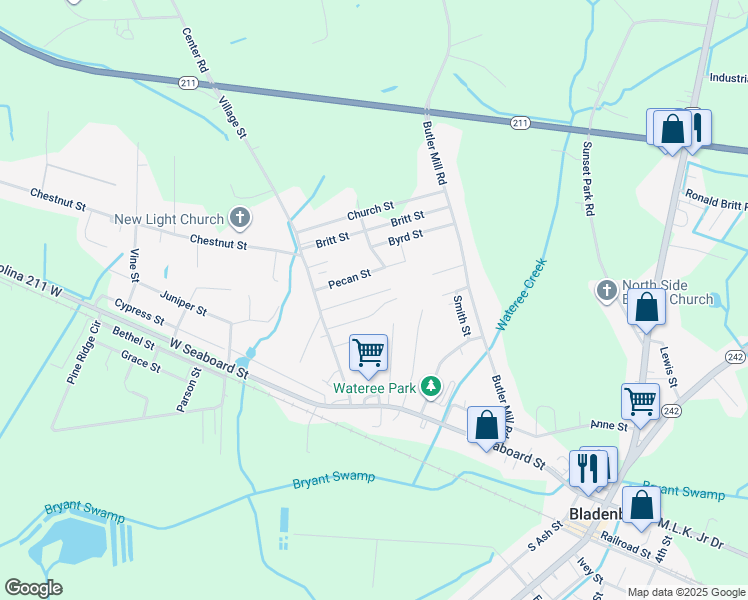 map of restaurants, bars, coffee shops, grocery stores, and more near 122 Hickory in Bladenboro