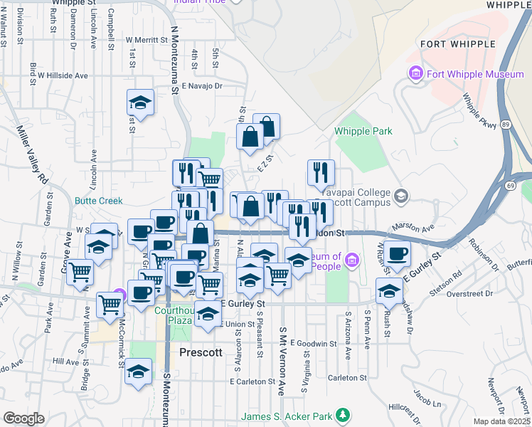 map of restaurants, bars, coffee shops, grocery stores, and more near 325 North Pleasant Street in Prescott
