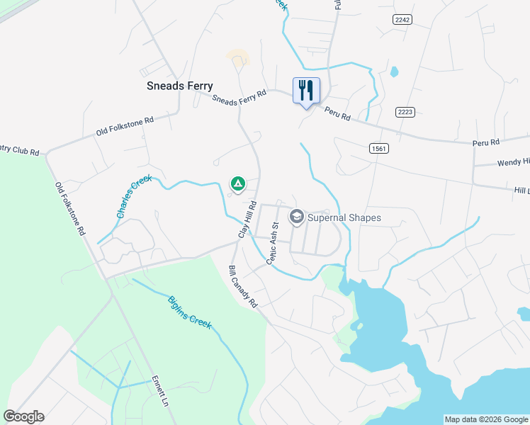 map of restaurants, bars, coffee shops, grocery stores, and more near 312 Preakness Lane in Sneads Ferry