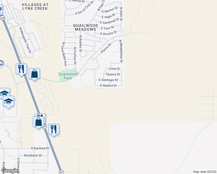 map of restaurants, bars, coffee shops, grocery stores, and more near 13037 East Madrid Street in Prescott Valley