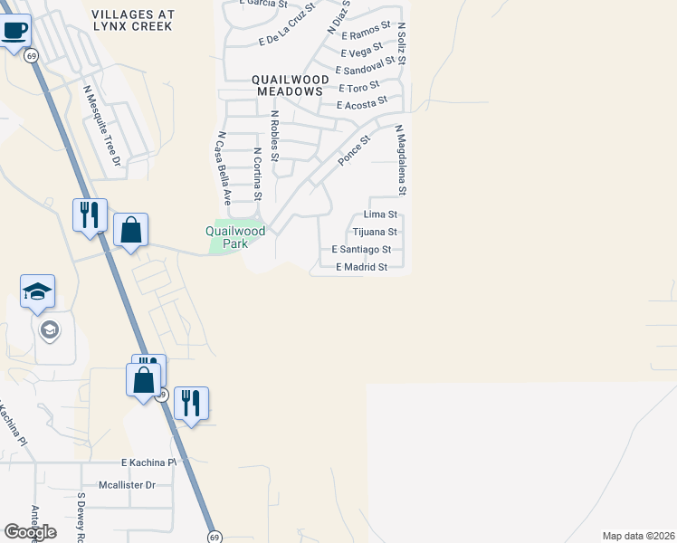 map of restaurants, bars, coffee shops, grocery stores, and more near 12943 East Madrid Street in Yavapai County