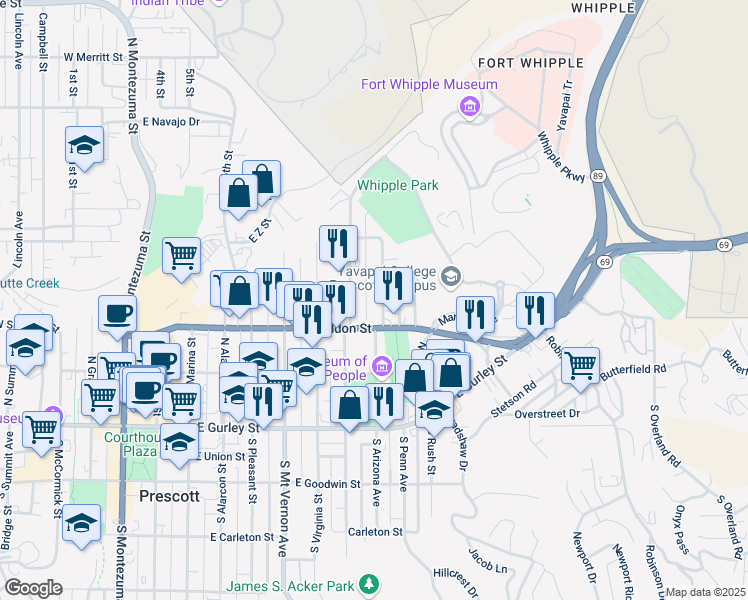 map of restaurants, bars, coffee shops, grocery stores, and more near 320 North Arizona Avenue in Prescott