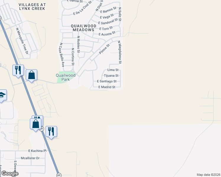 map of restaurants, bars, coffee shops, grocery stores, and more near 13037 East Madrid Street in Prescott Valley