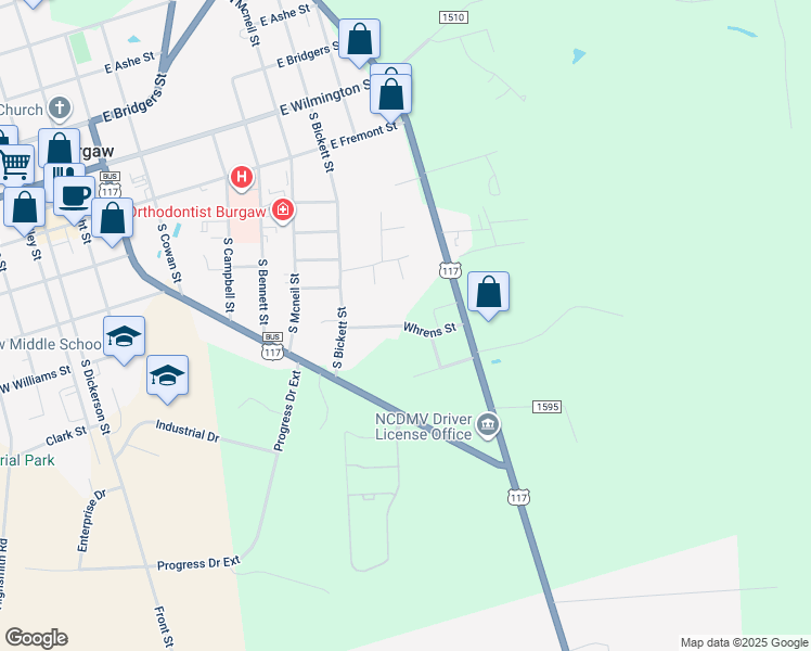 map of restaurants, bars, coffee shops, grocery stores, and more near Whrens Street in Burgaw