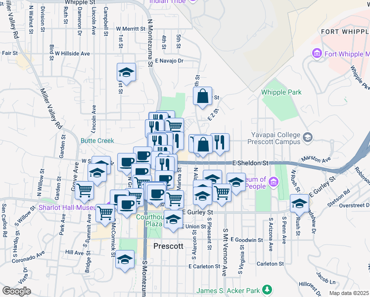 map of restaurants, bars, coffee shops, grocery stores, and more near 420 6th Street in Prescott