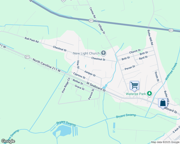 map of restaurants, bars, coffee shops, grocery stores, and more near 223 Juniper Street in Bladenboro