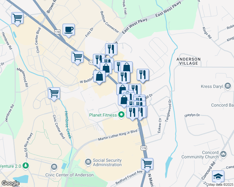 map of restaurants, bars, coffee shops, grocery stores, and more near 3415 Clemson Boulevard in Anderson