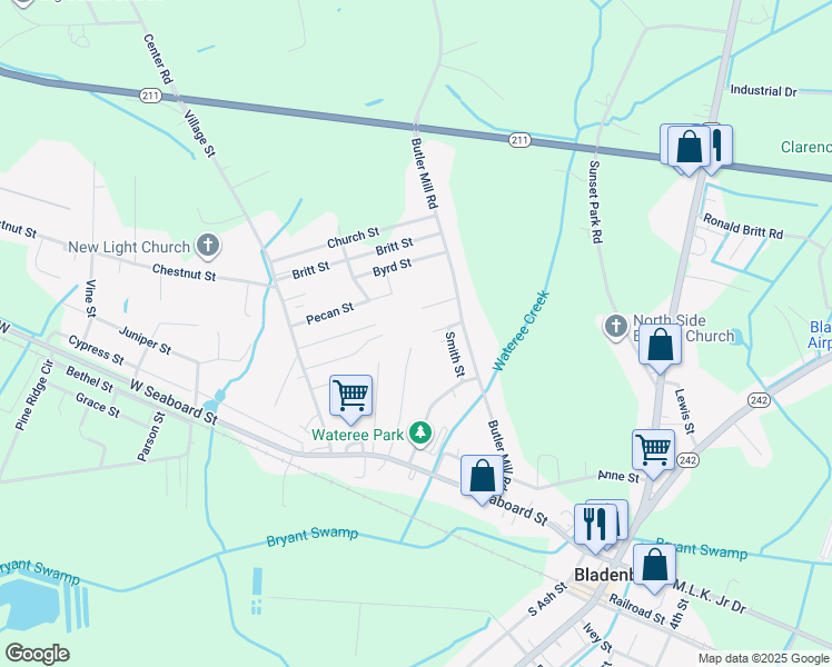 map of restaurants, bars, coffee shops, grocery stores, and more near 135 Hickory in Bladenboro