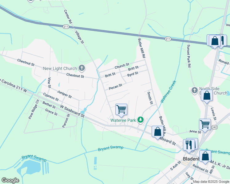 map of restaurants, bars, coffee shops, grocery stores, and more near 114 Walnut Street in Bladenboro