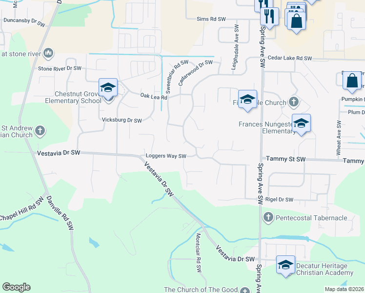 map of restaurants, bars, coffee shops, grocery stores, and more near 1019 Way Thru The Woods Southwest in Decatur