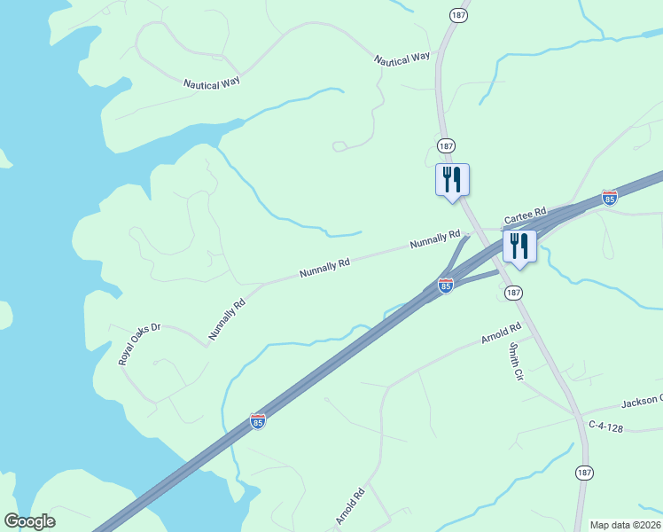 map of restaurants, bars, coffee shops, grocery stores, and more near 190 Nunnally Road in Anderson