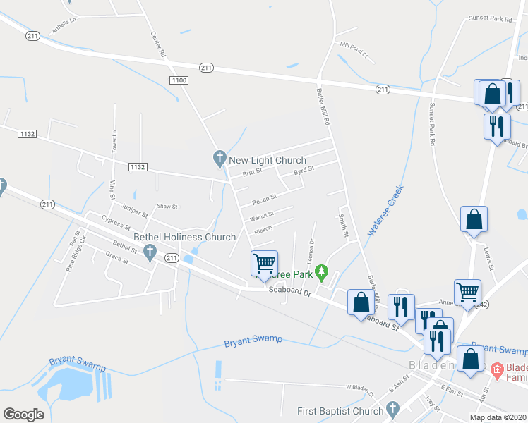 map of restaurants, bars, coffee shops, grocery stores, and more near 114 Walnut Street in Bladenboro