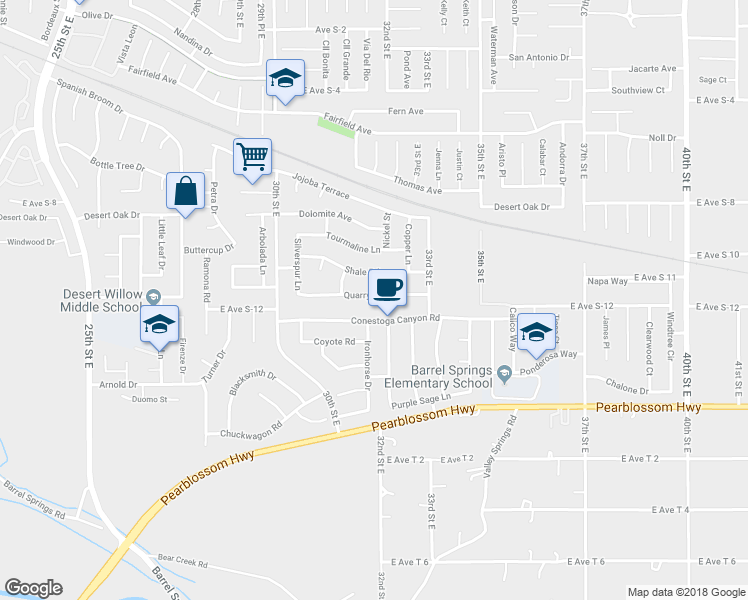 map of restaurants, bars, coffee shops, grocery stores, and more near 3156 Quarry Road in Palmdale