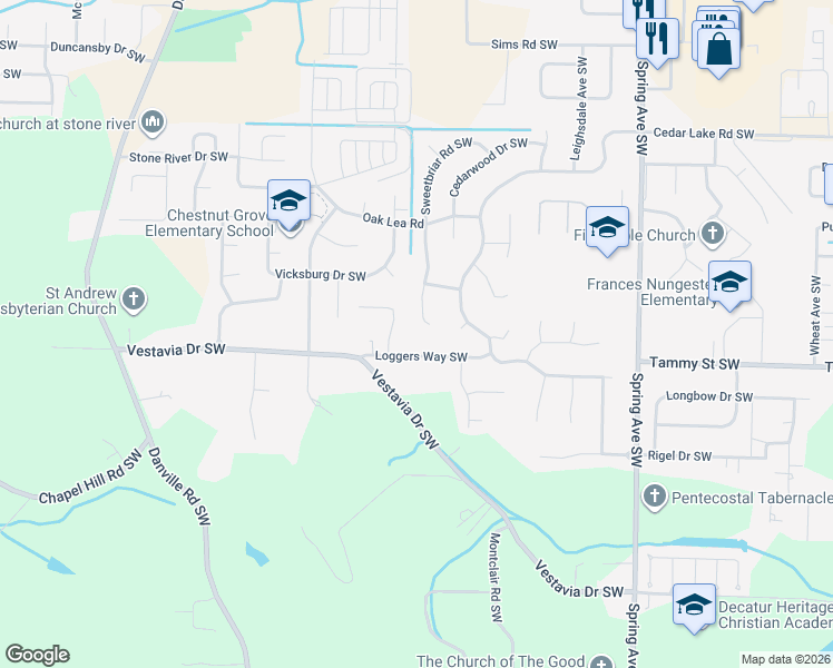 map of restaurants, bars, coffee shops, grocery stores, and more near 3227 Sweetbriar Road Southwest in Decatur