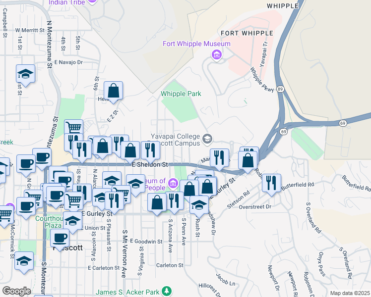 map of restaurants, bars, coffee shops, grocery stores, and more near 332a North Rush Street in Prescott