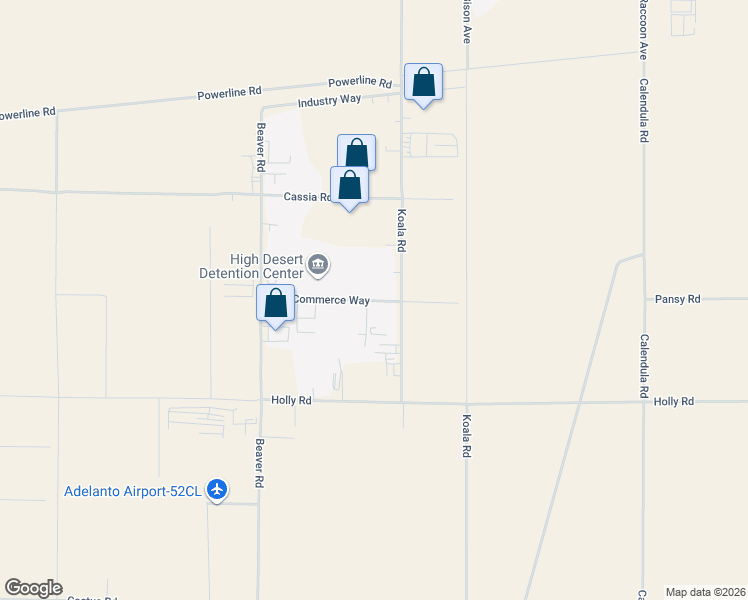 map of restaurants, bars, coffee shops, grocery stores, and more near 9541 Commerce Way in Adelanto
