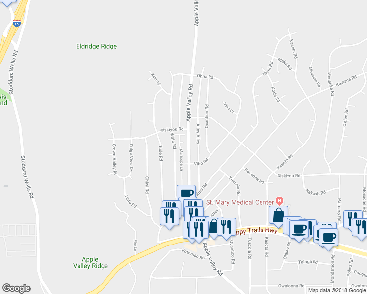 map of restaurants, bars, coffee shops, grocery stores, and more near 16287 Maricopa Lane in Apple Valley