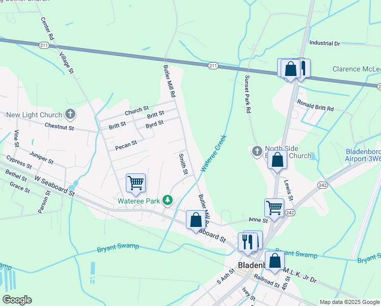 map of restaurants, bars, coffee shops, grocery stores, and more near 605 Butler Mill Road in Bladenboro