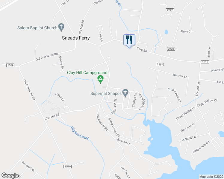 map of restaurants, bars, coffee shops, grocery stores, and more near 314 Preakness Lane in Sneads Ferry